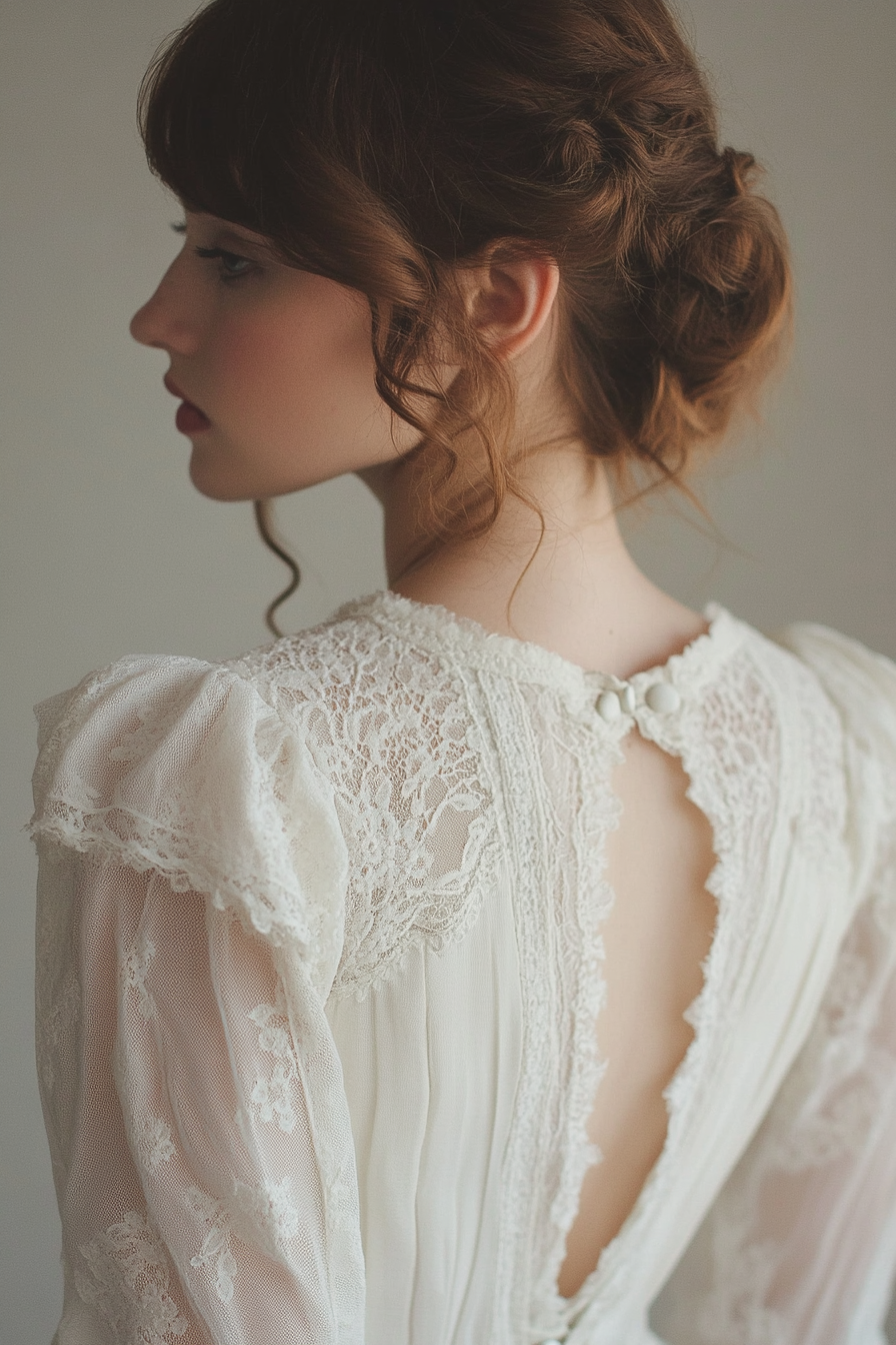 Bridal gown. Cotton lace overlay, prairie sleeves, vintage button back.