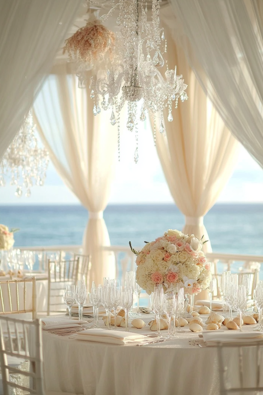 Wedding style. Pearl-white drapes, seagrass textures, and shell-inspired colors, set against an ocean view.