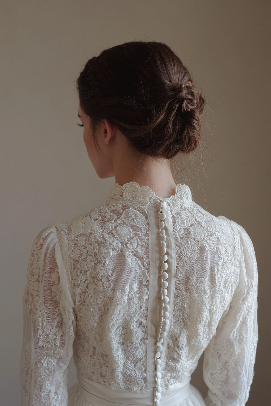 Bridal gown. Cotton lace overlay, prairie sleeve, vintage button back.