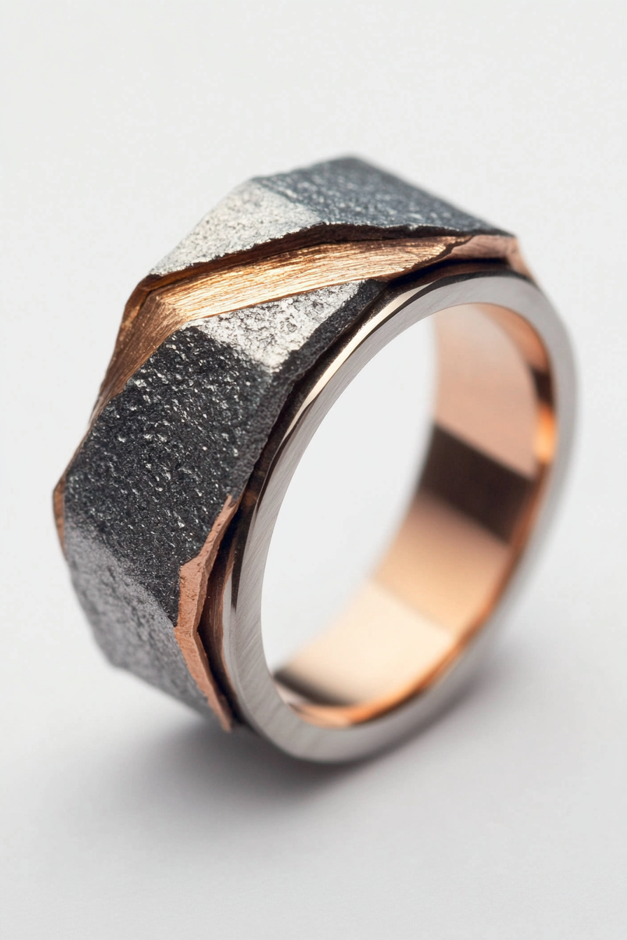 Wedding ring. Mixed metal layers with comfort-fit interior and sublte geometric texture.