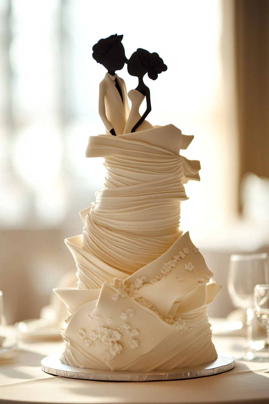 Wedding cake. Oversized, tiered, asymmetrical shapes, height matching couple.