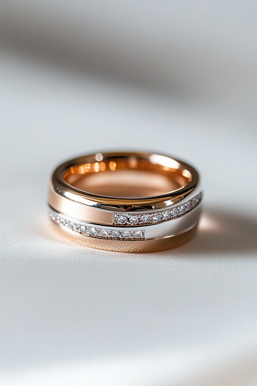 Wedding ring. layered rose and white gold, comfort-fit, subtle diamond-embossed detailing.