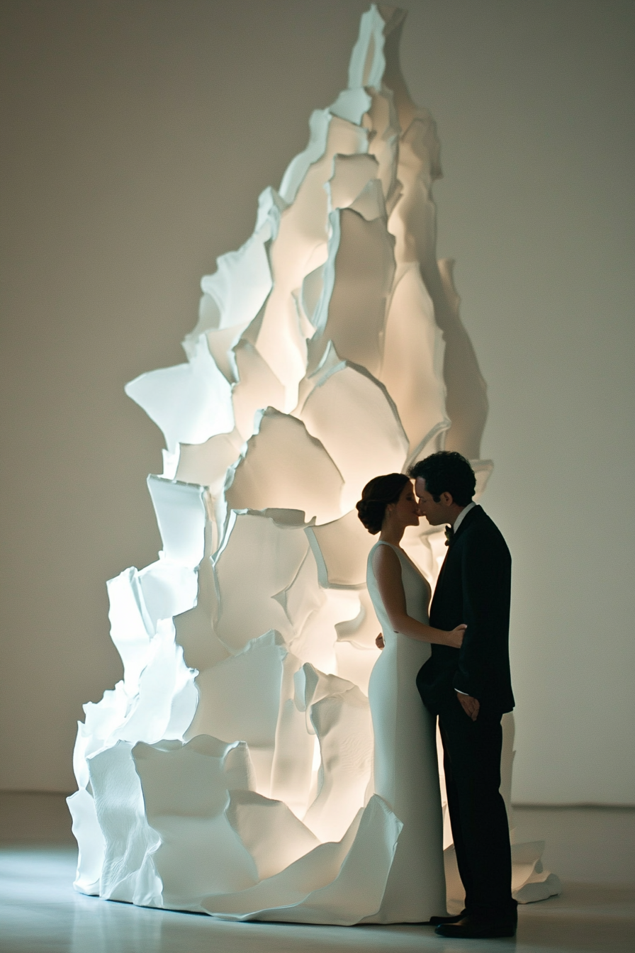 Oversized tiered wedding cake. Uniquely asymmetric shapes, comparable to the couple's height.