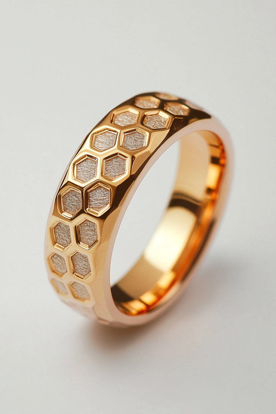 Wedding ring. Rose and yellow gold, comfort-fit, subtle hexagonal texture.