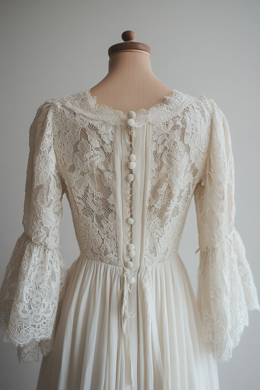 Bridal gown. Cotton lace overlay, prairie sleeves, vintage button back.