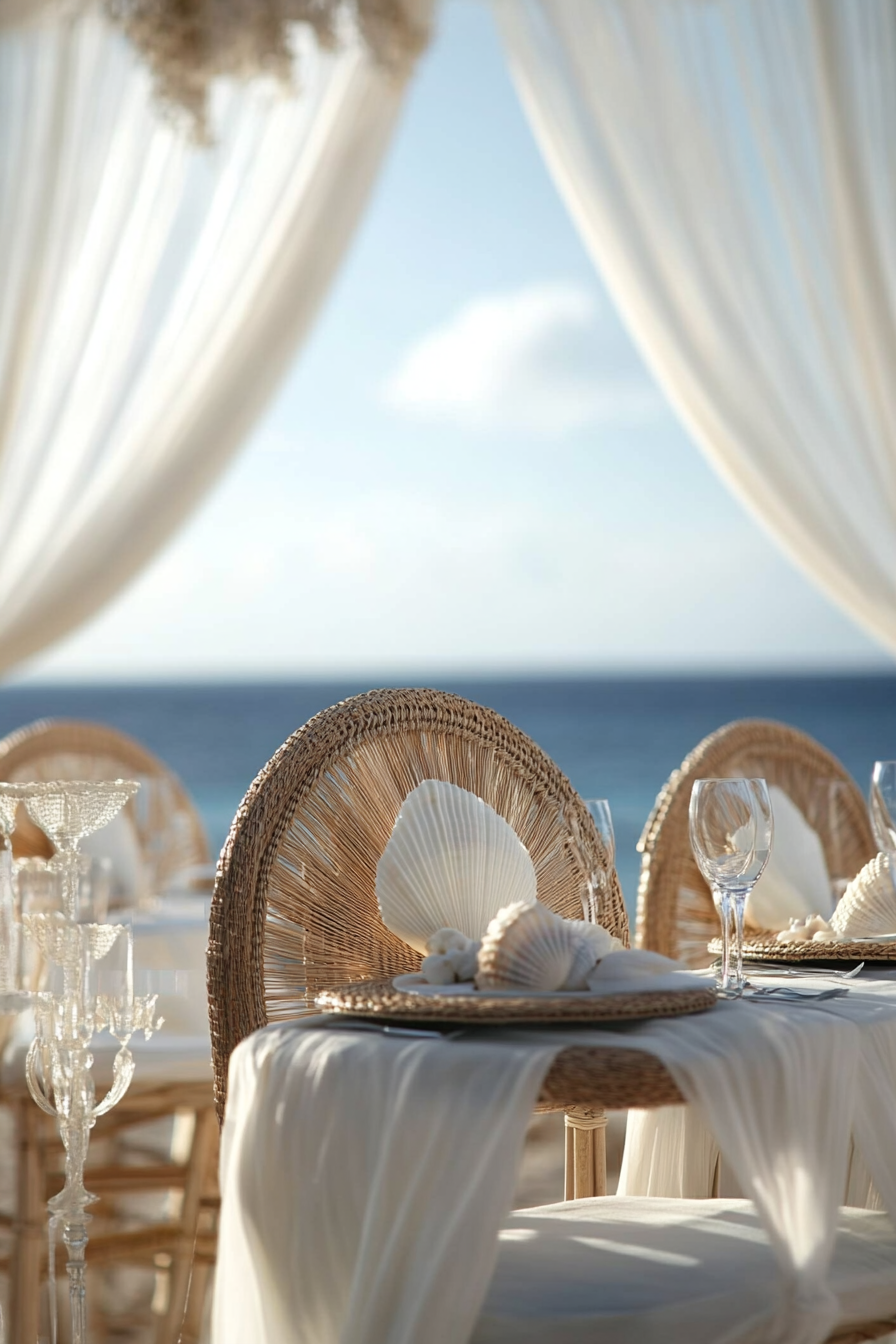 Wedding style. Pearl-white draping backdrop, seagrass chair covers, shell accents amid ocean vistas.