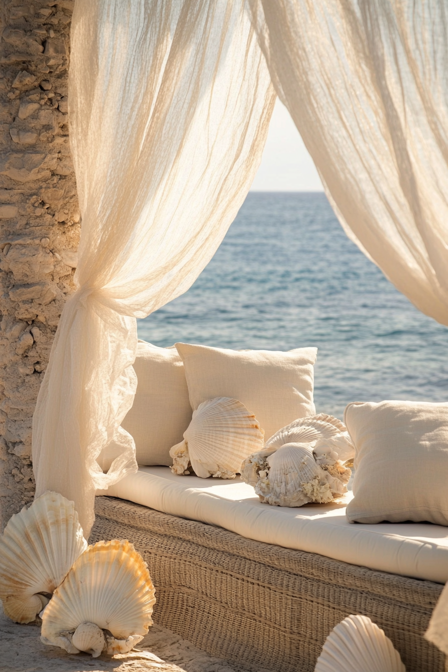 Wedding style. Pearl-white drapes, seagrass textures, shell-inspired palette, ocean backdrop.