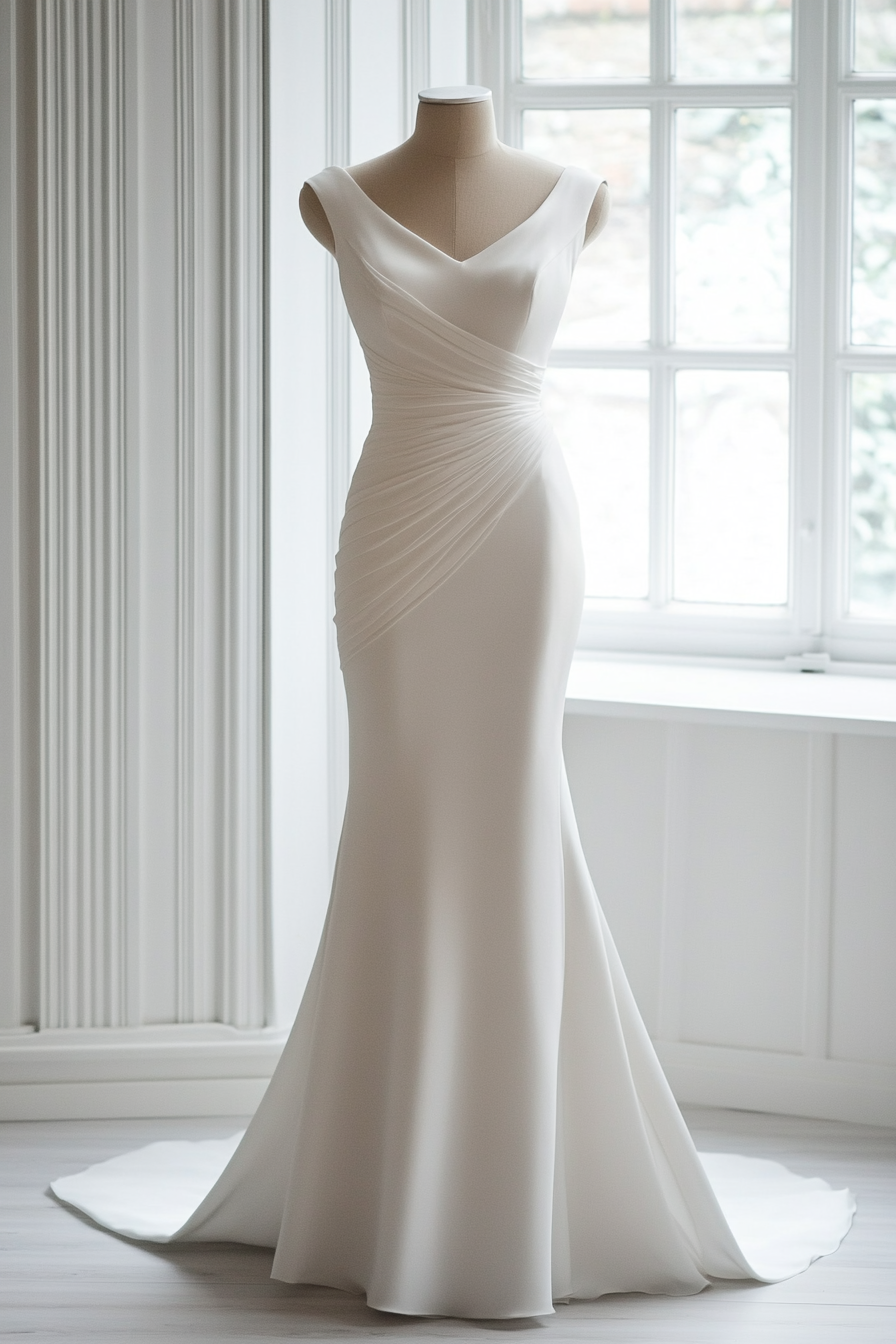 Bridal gown. Asymmetrical neckline with sleek crepe fabric and mini train detail.