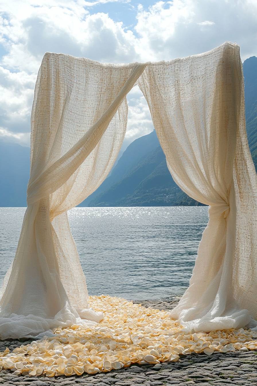 Wedding style. Pearl-white draped arch with seagrass accents its backdrop, shell-coloured rose petals, oceanside.