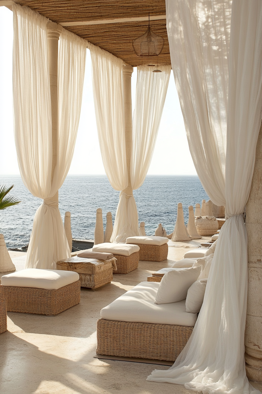 Wedding style. Pearl-white drapes, seagrass textures, shell color palette, ocean views.