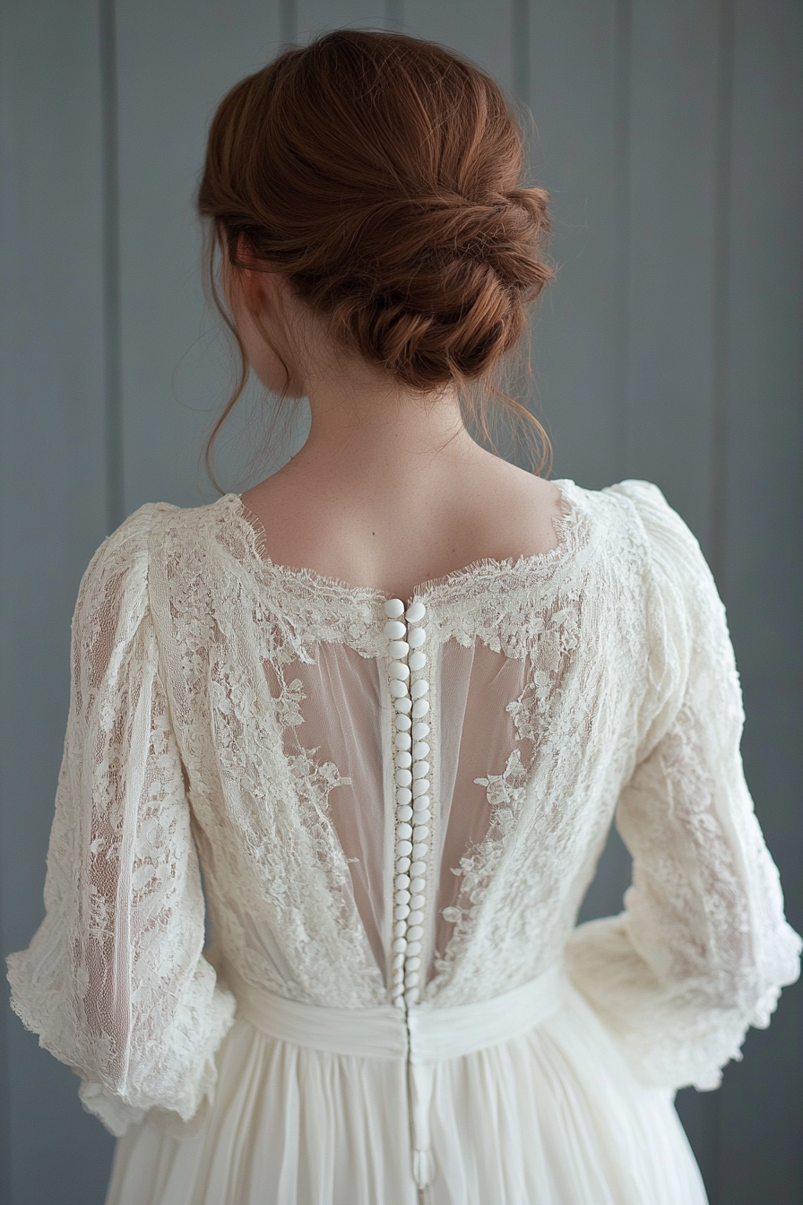 Bridal gown. Cotton lace overlay, prairie sleeves, vintage button back.