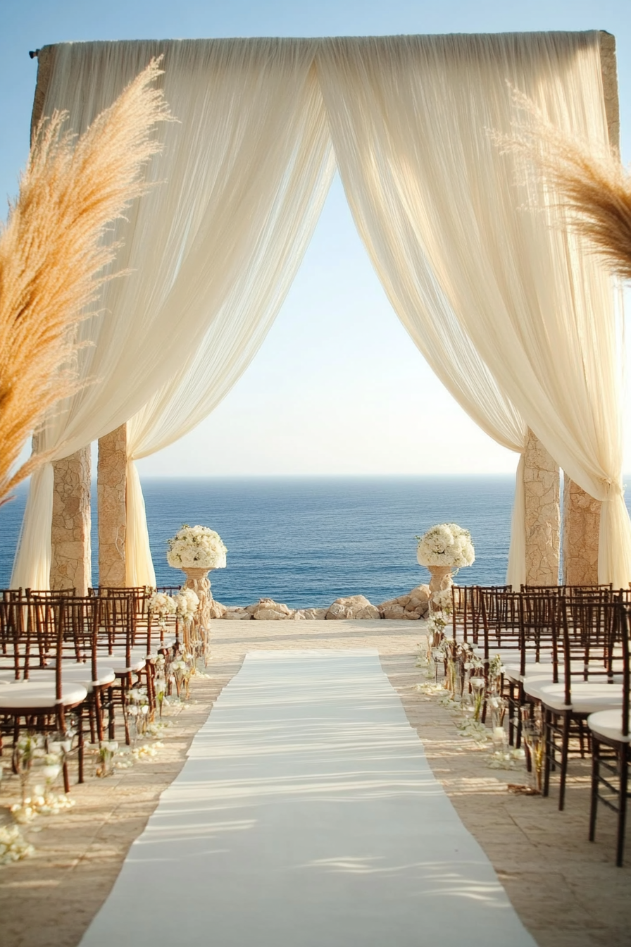 Wedding style. Pearl-white drapes, seagrass textures, and shell-colored altar with ocean backdrop.