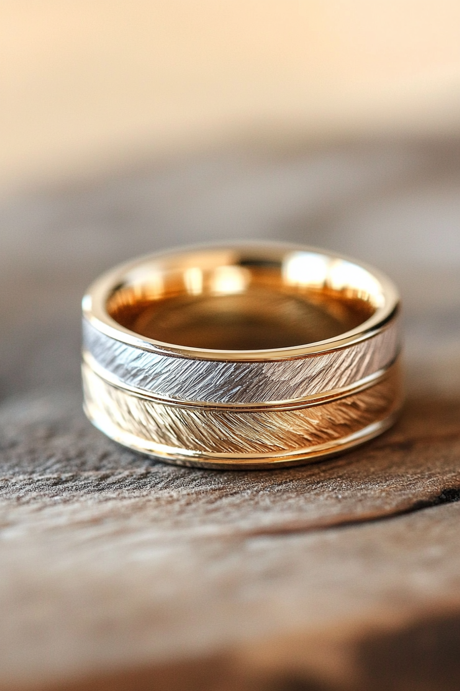 Wedding ring. Mixed metal layers, comfort-fit interior, subtle geometric texture details.