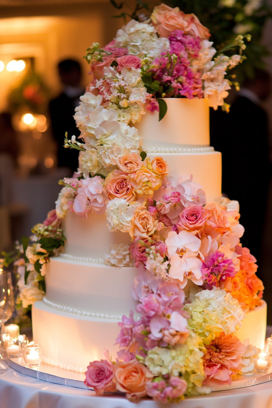 Wedding cake. Oversized tiered with abstracted asymmetrical shapes and cascading florals.