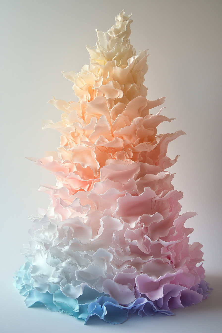 Wedding cake. 10-tiered structure, asymmetric crystalline forms in gradient pastel shades.