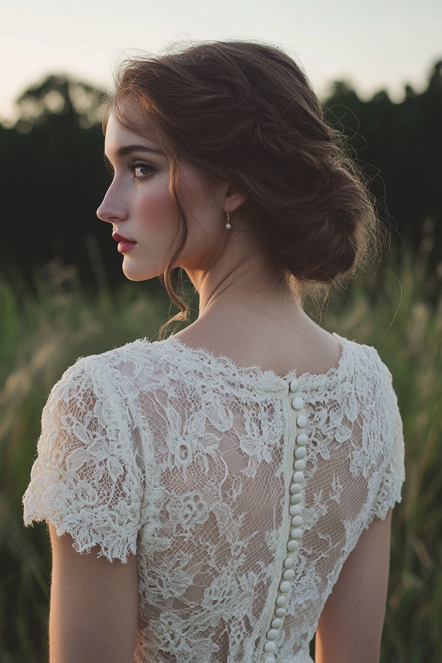 Bridal gown. Cotton lace overlay, prairie sleeve, vintage-inspired button back.