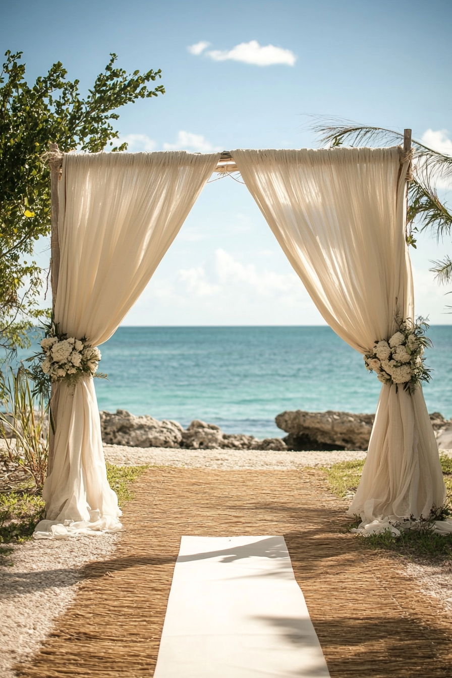 Wedding style. Pearl-white draped archway with seagrass runner against ocean backdrop.