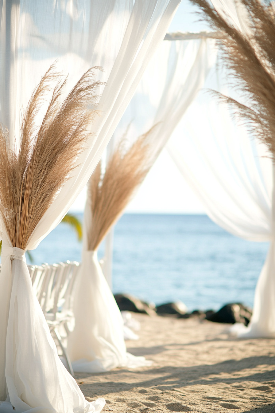 Wedding style. Pearl-white drapes, seagrass accents, shell color palette, ocean view background.