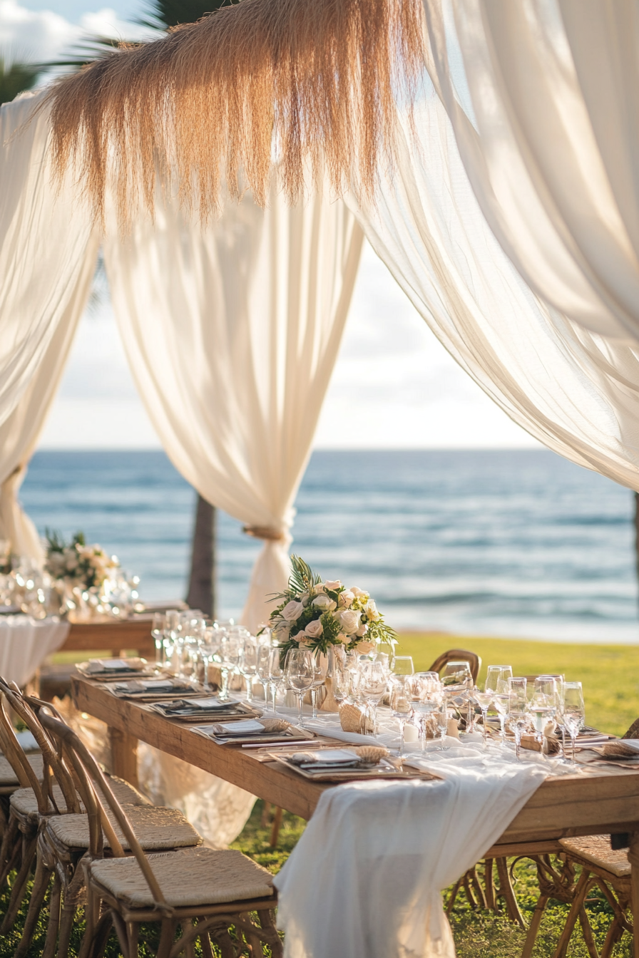 Wedding style. Pearl-white drapes, seagrass textures, and shell-inspired color accents on an ocean-front setting.