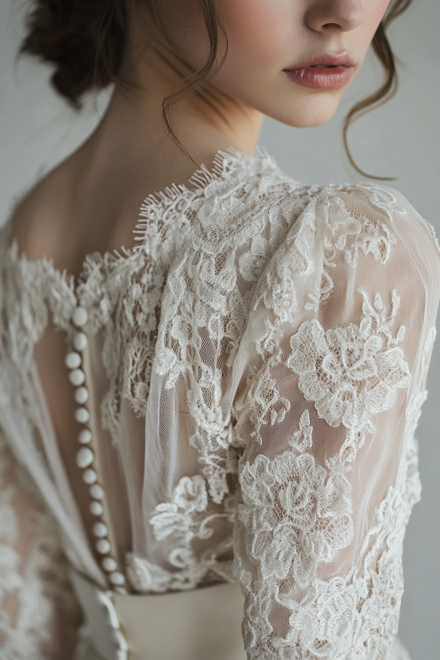 Bridal gown. Cotton lace overlay with vintage button back and prairie sleeves.