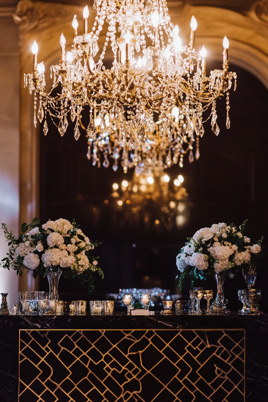 Wedding aesthetic. Gold geometric patterns imprinted on black marble beneath crystal chandeliers.