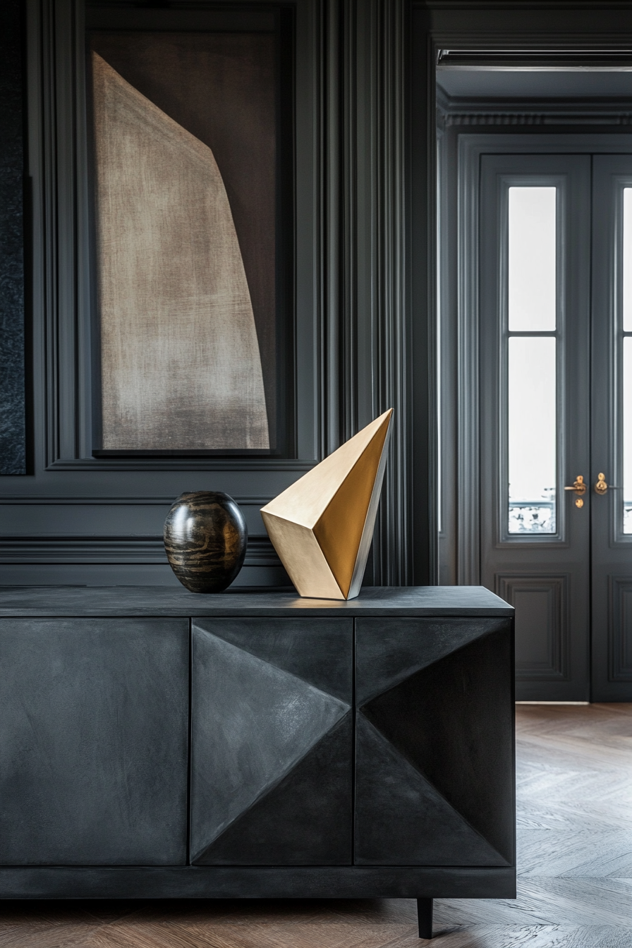 Brutalist-Art Deco entryway. Black concrete sideboard with gold geometric lamp.