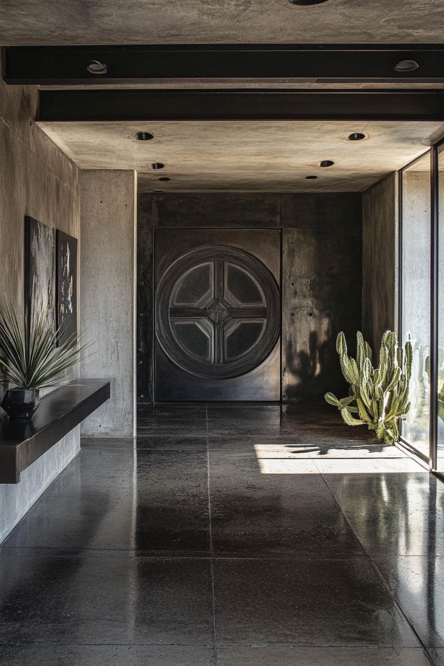 Brutalist-Art Deco entryway. Concrete walls accented with geometric steel artwork.