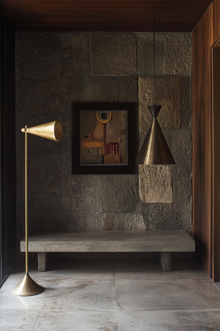 Entryway. Brutalist concrete bench, Art Deco brass floor-lamp.