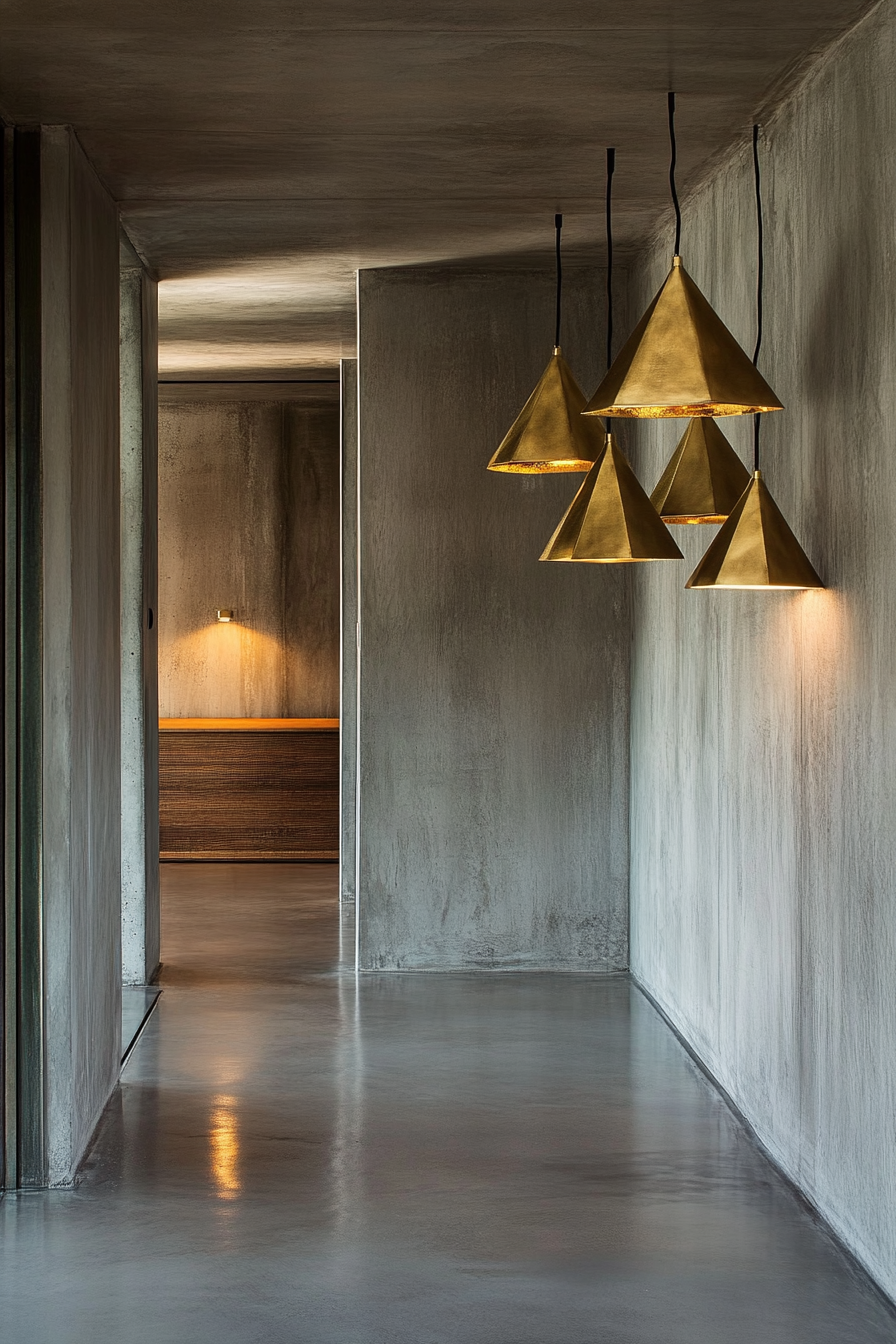 Entryway. Concrete walls with gold geometric lighting fixtures.