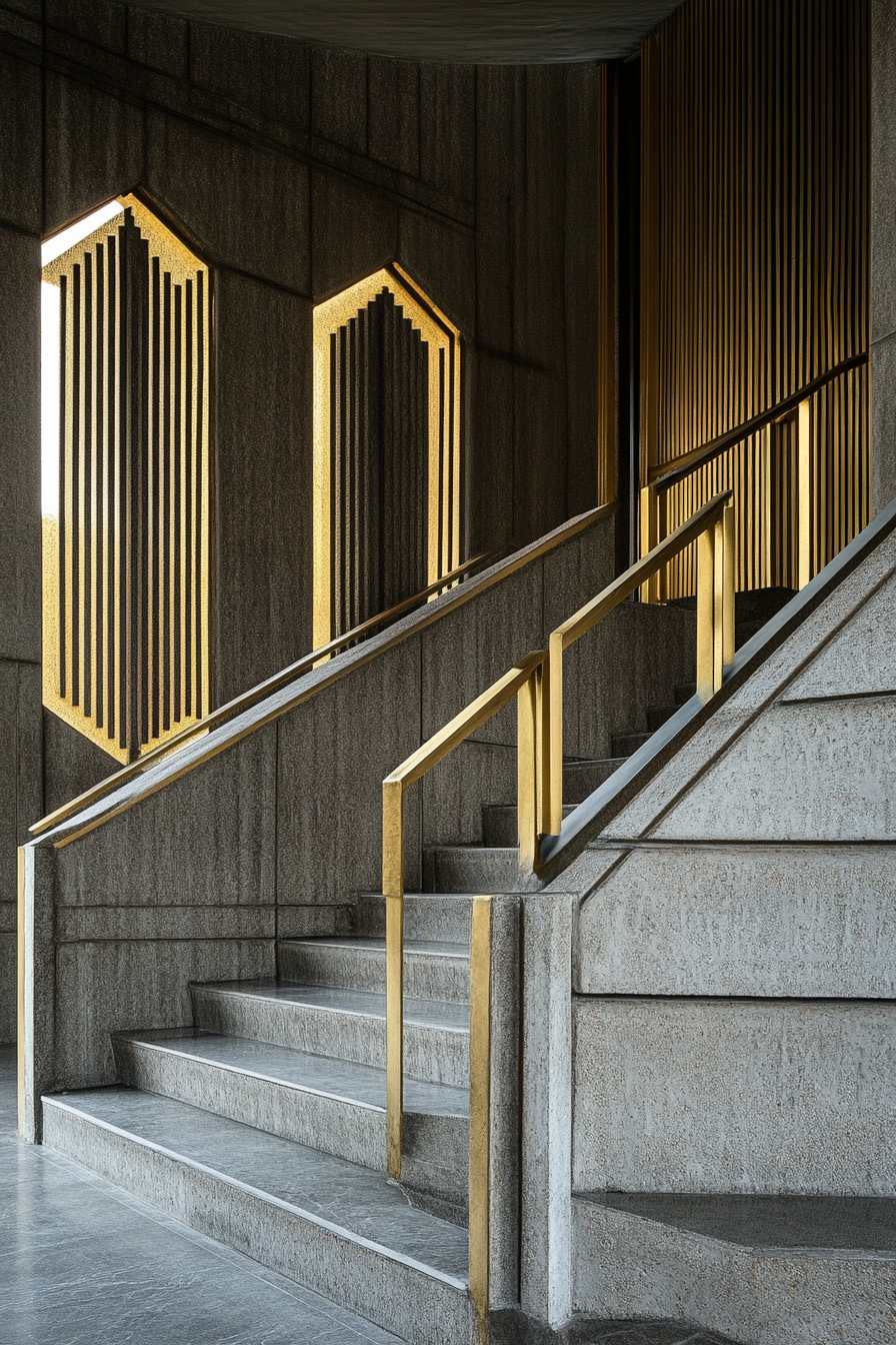 Brutalist-Art Deco entryway. Concrete staircase with gold geometric railings.