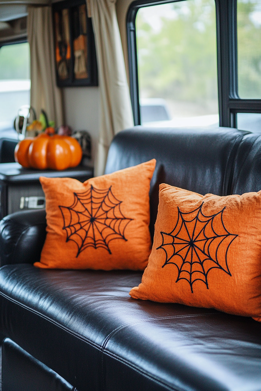 Halloween-chic RV interior. Orange pillows with cobweb motifs against black leather furniture.