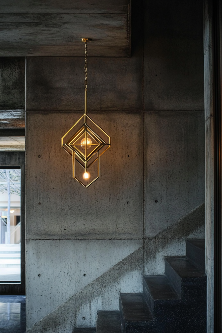 Brutalist-Art Deco entryway. Brass geometric chandelier with charcoal concrete walls.