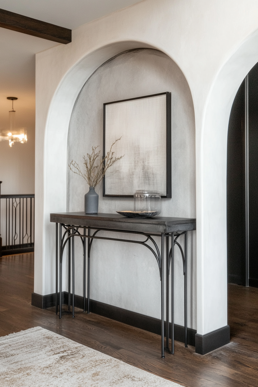 Brutalist-Art Deco Entryway. Black iron wiring console table with archways.