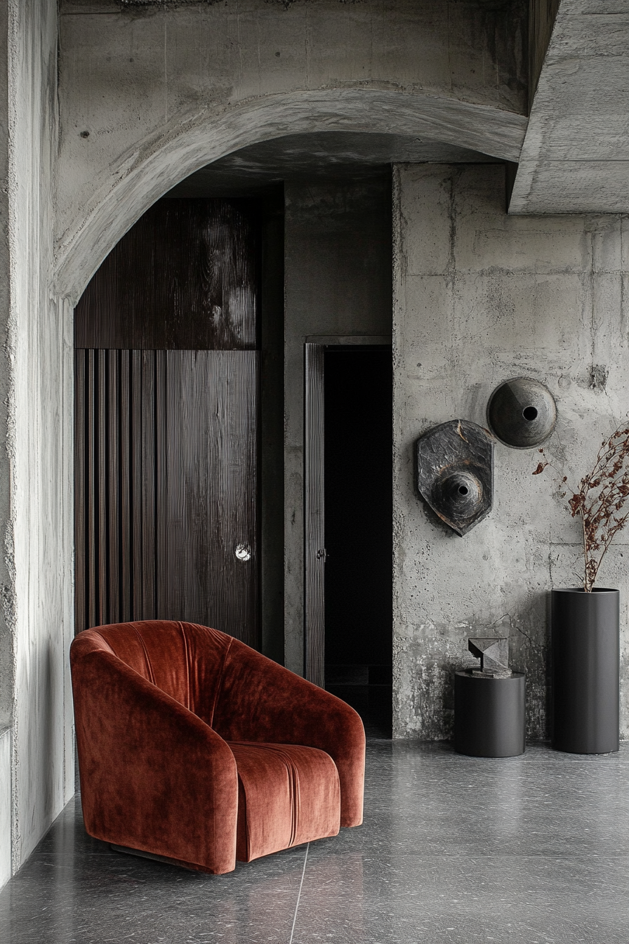 Brutalist-Art Deco Entryway. Crushed velvet chair against concrete accents.