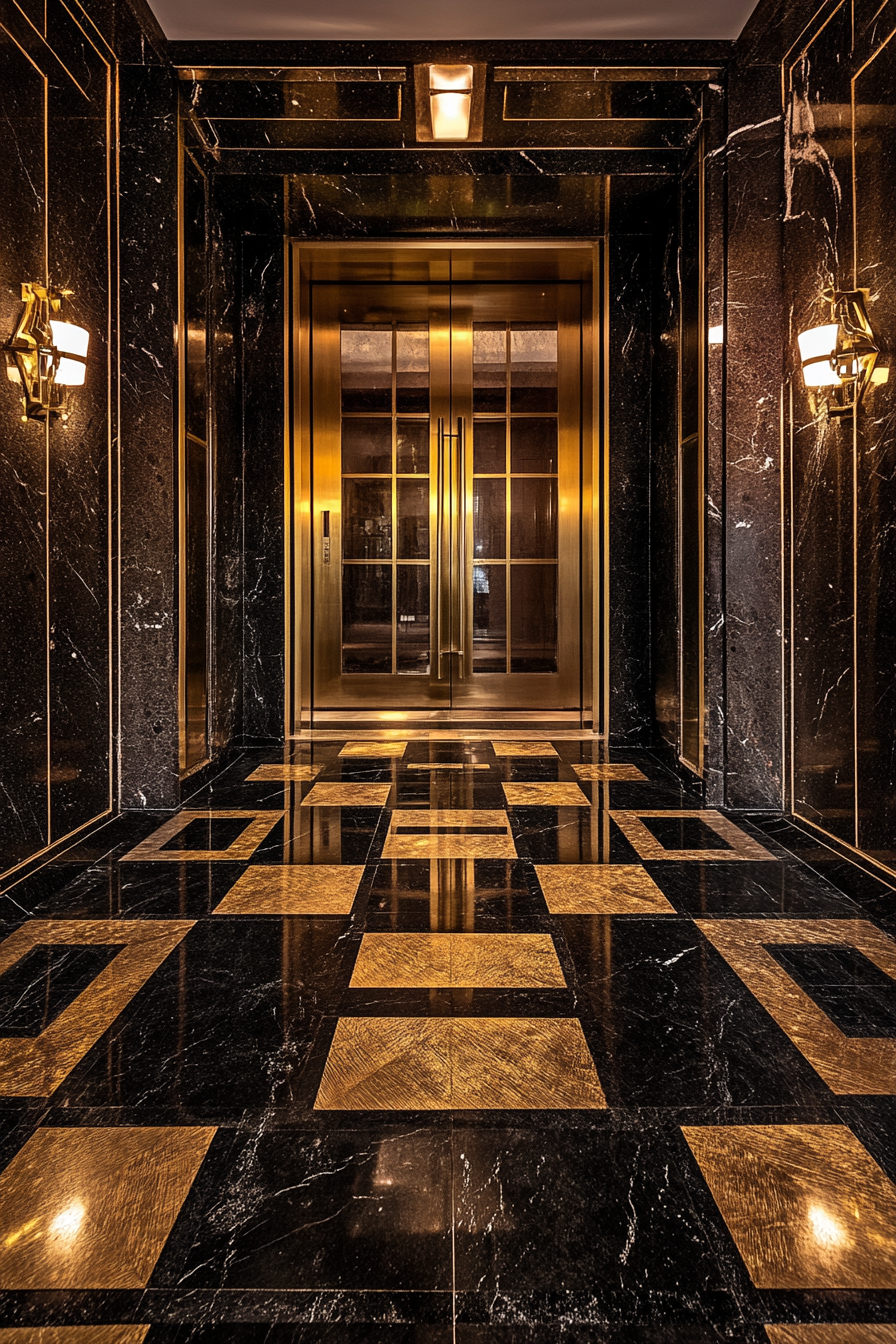 Brutalist-Art Deco entryway. Black marble floor with brass-edged square patterns.