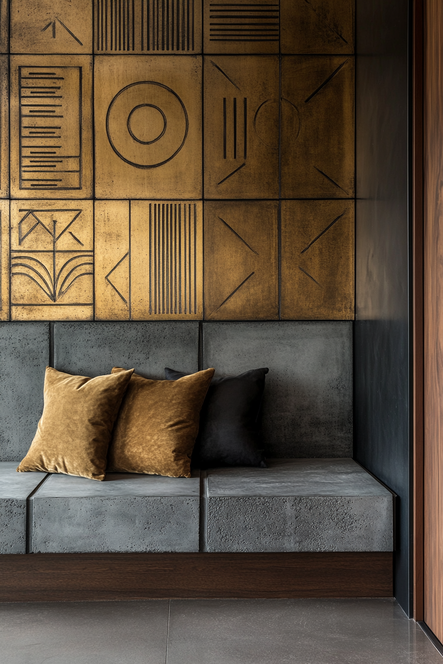 Entryway. Brutalist concrete cushions with Art Deco patterned gold wall accent.