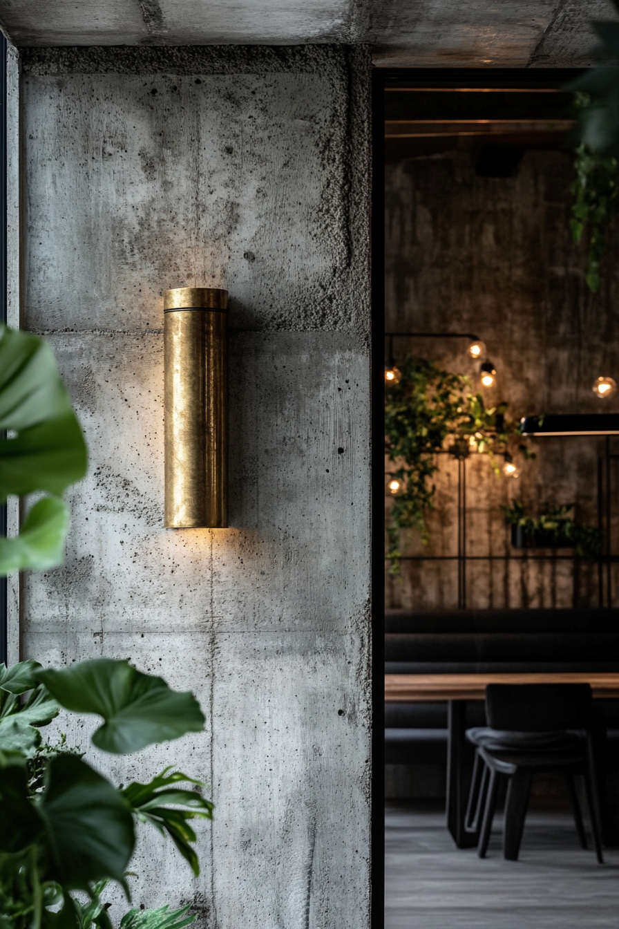 Brutalist-Art Deco entryway. Brass sconce on exposed concrete wall.