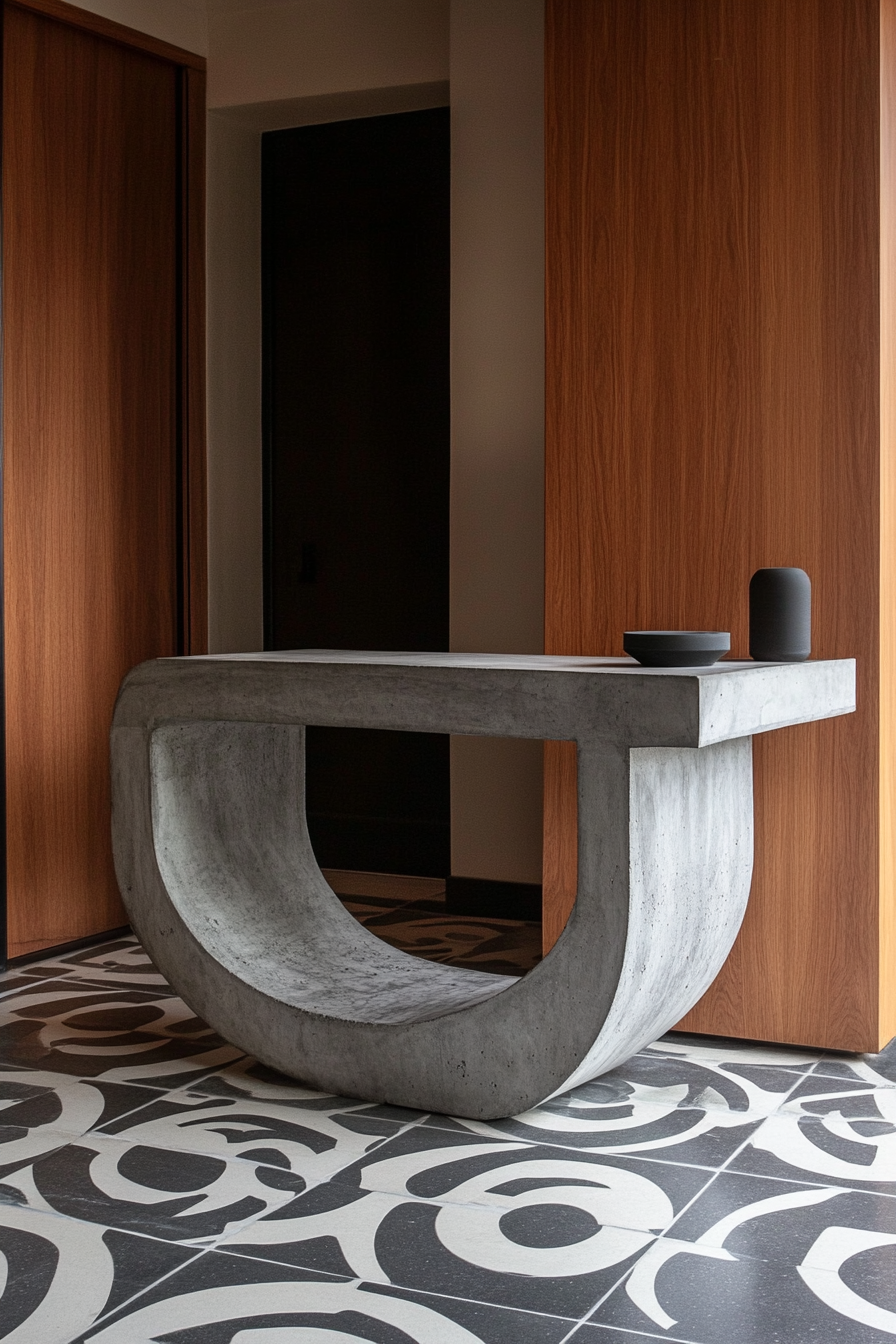 Brutalist-Art Deco Entryway. Monochrome mosaic tile floor with concrete arc-shaped console table.