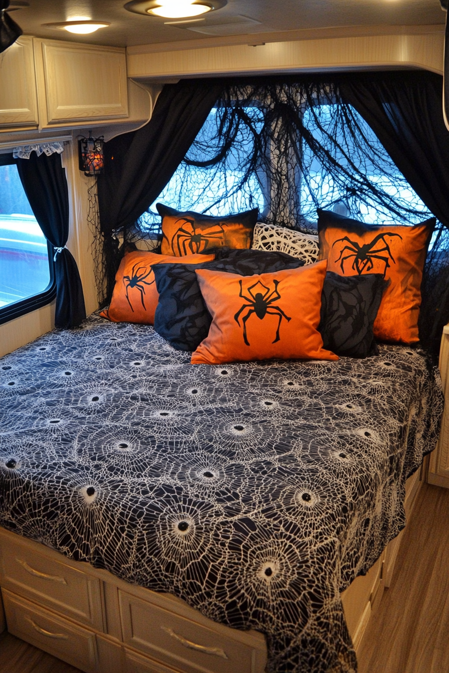 Halloween-Chic RV interior. Cushion bed adorned with spiderweb lace throw pillows.
