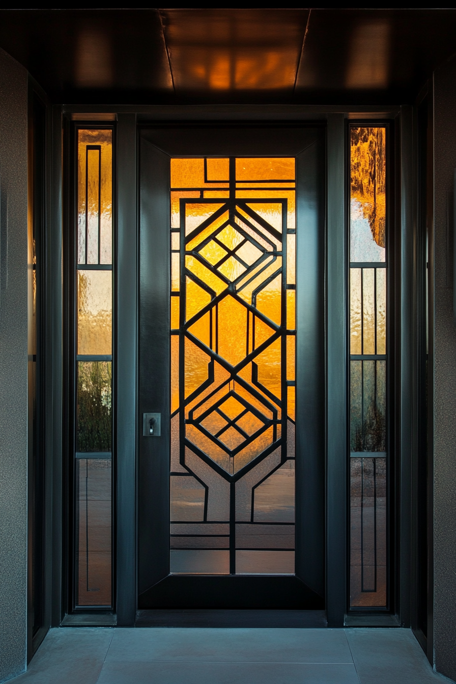 Brutalist-Art Deco entryway. Black steel door with geometric stained glass.