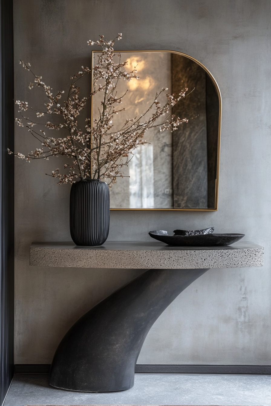 Entryway. Brutalist concrete table with Art Deco brass mirror.