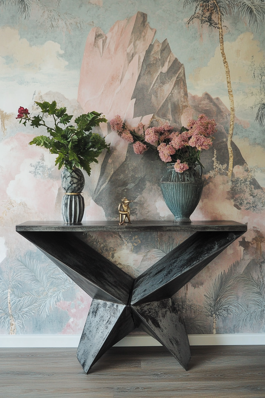 Entryway. Brutalist metal console table against a pastel Art Deco wallpaper.