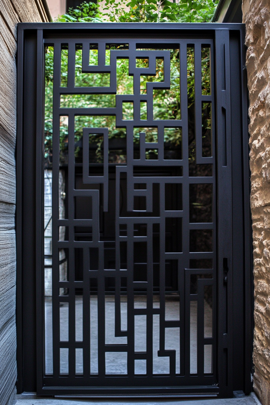 Brutalist-Art Deco entryway. Black iron gate with geometric pattern.