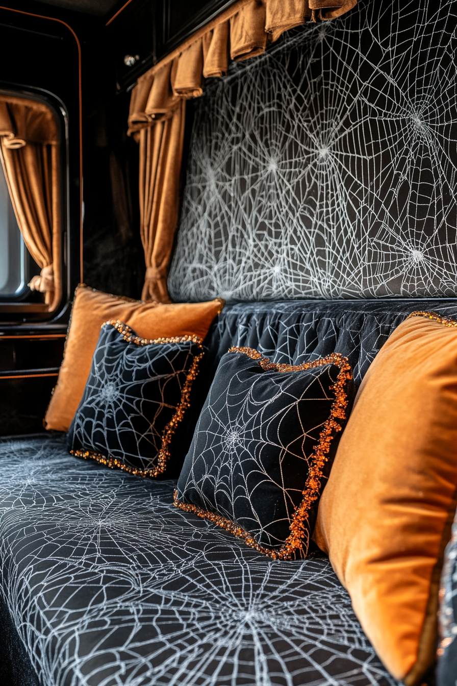 RV Interior. Cobweb-covered black and orange cushioned seating area.