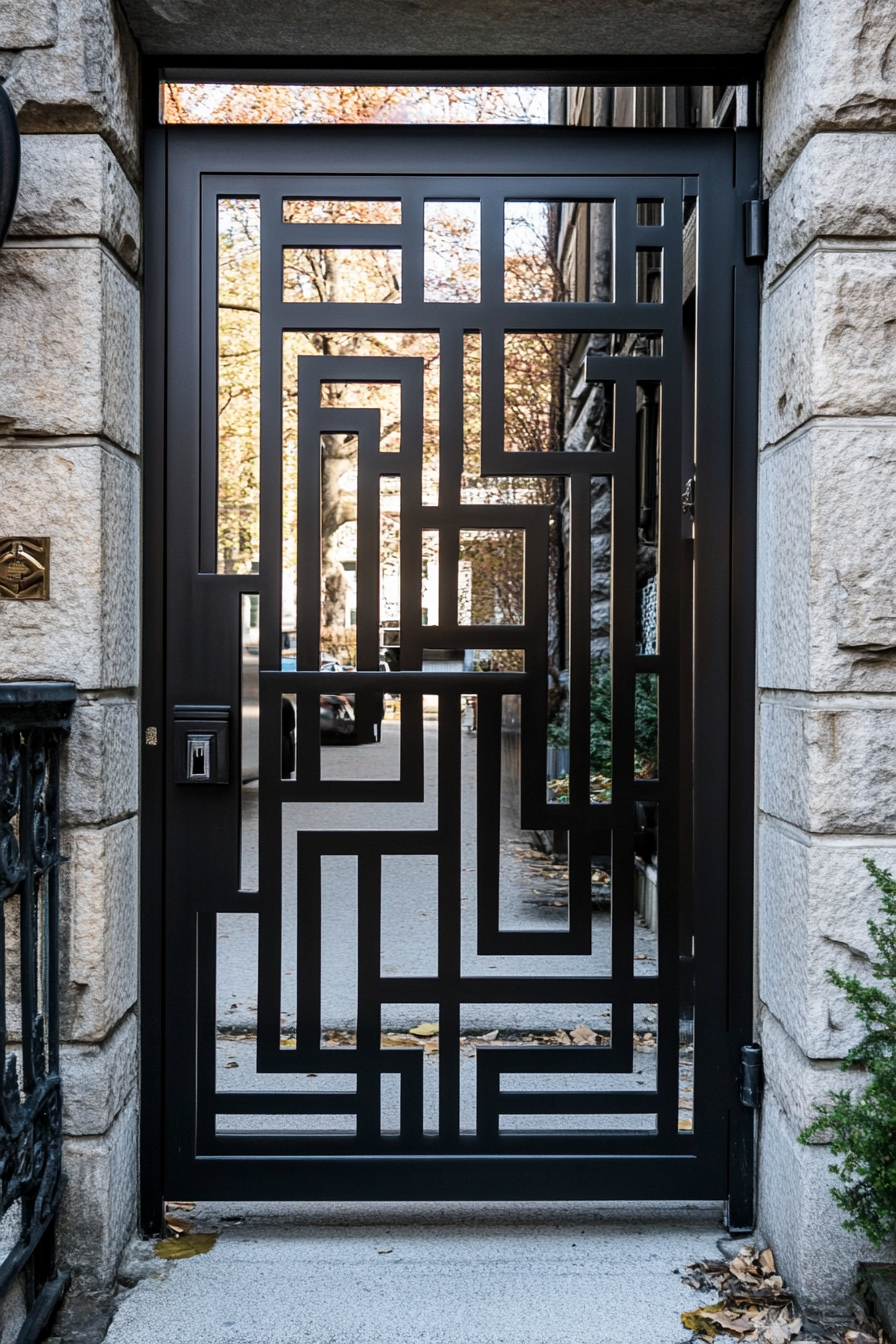 Brutalist-Art Deco entryway. Pitch black metal gate with rectangular patterns.