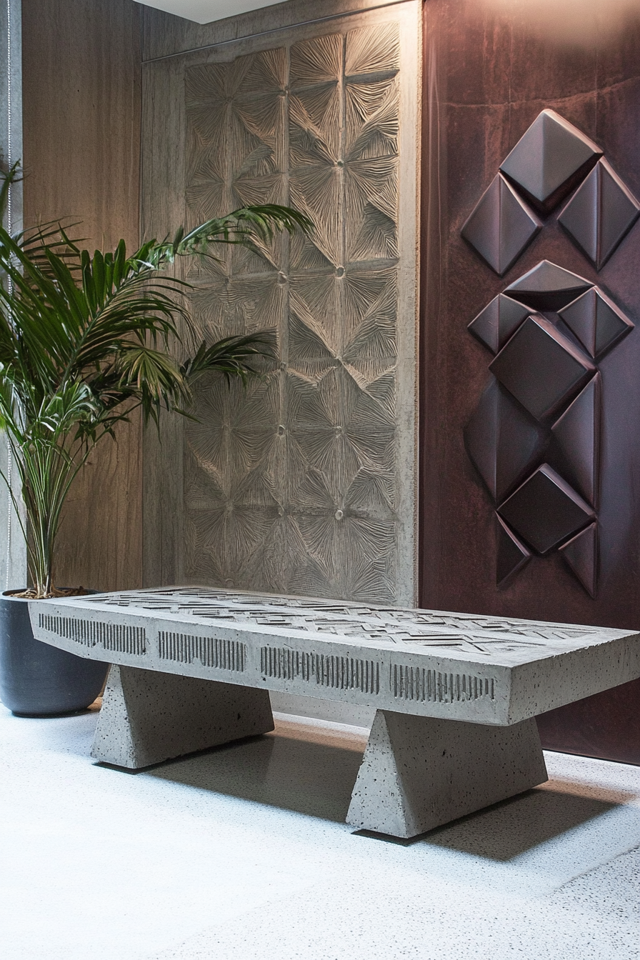 Brutalist-Art Deco Entryway. Concrete bench with geometric patterns.