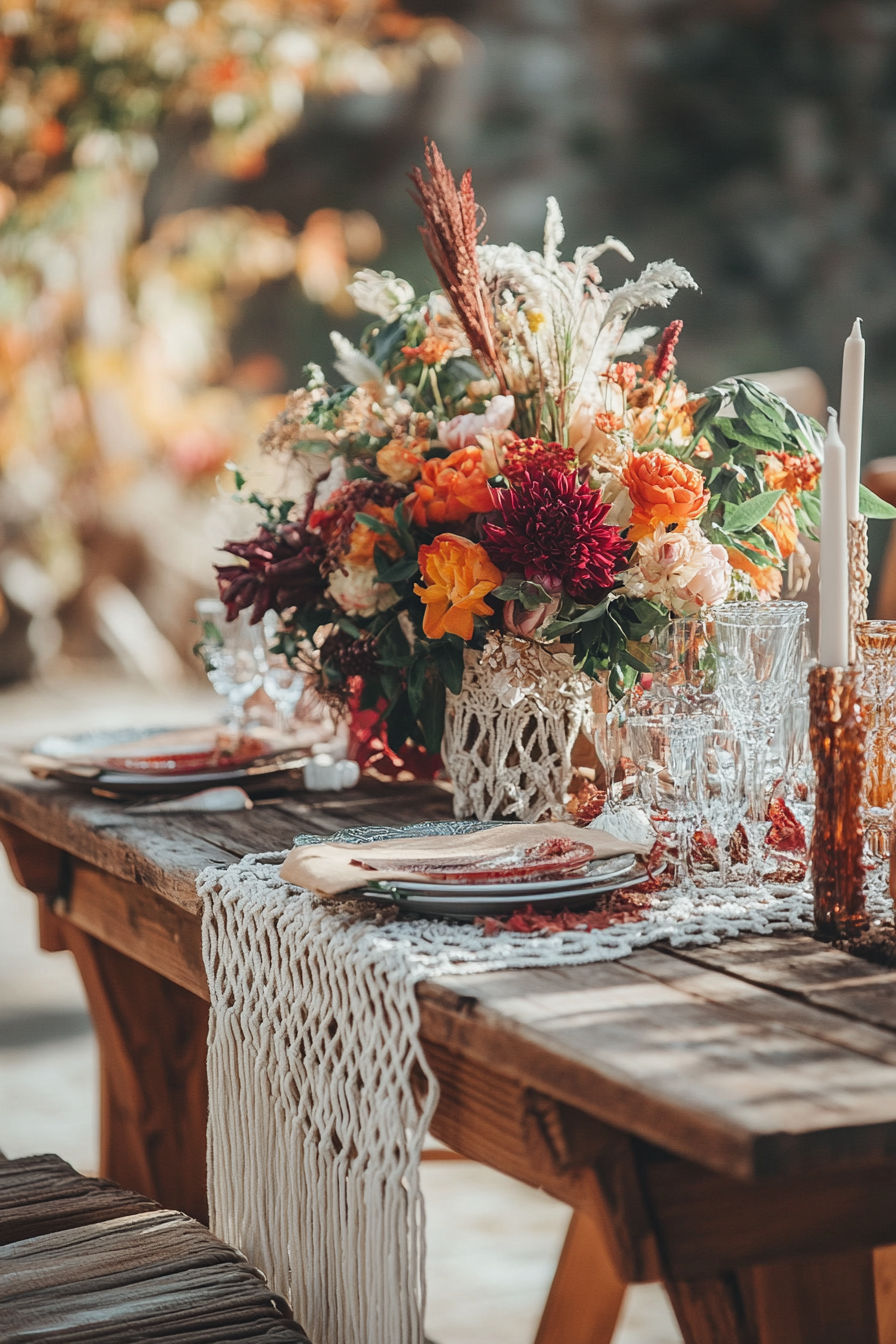 Fall dining design. Rustic wood table with autumn-hued macramé centerpiece.