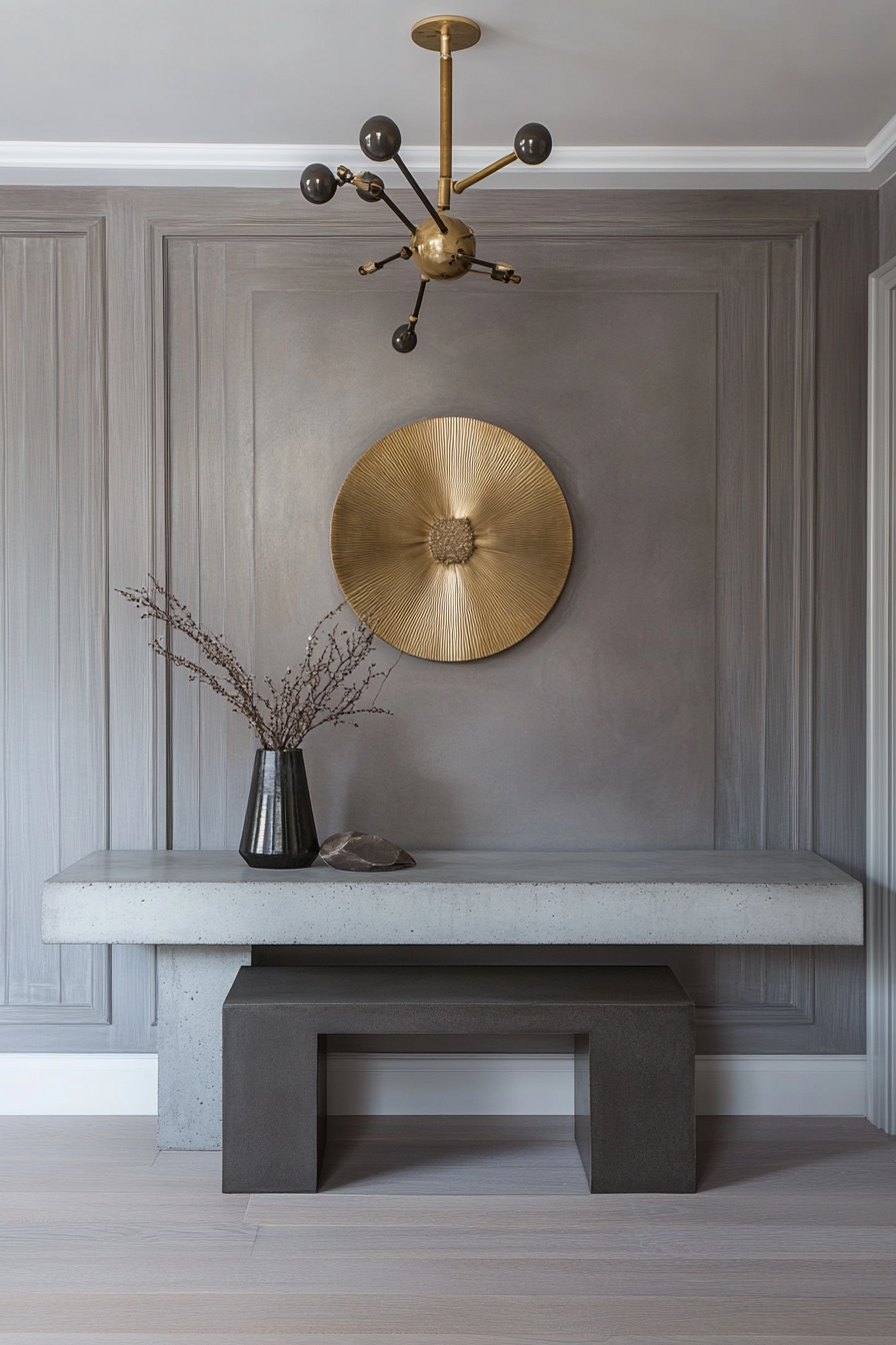 Entryway design. Brutalist concrete bench with Art Deco gold accents.