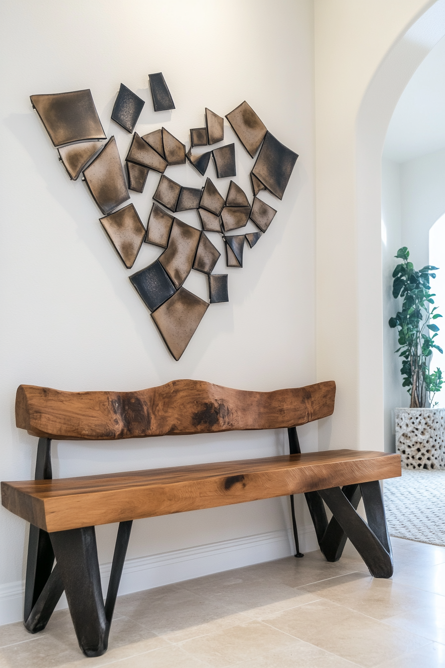 Entryway design. Geometric metal wall art with chunky wooden bench.