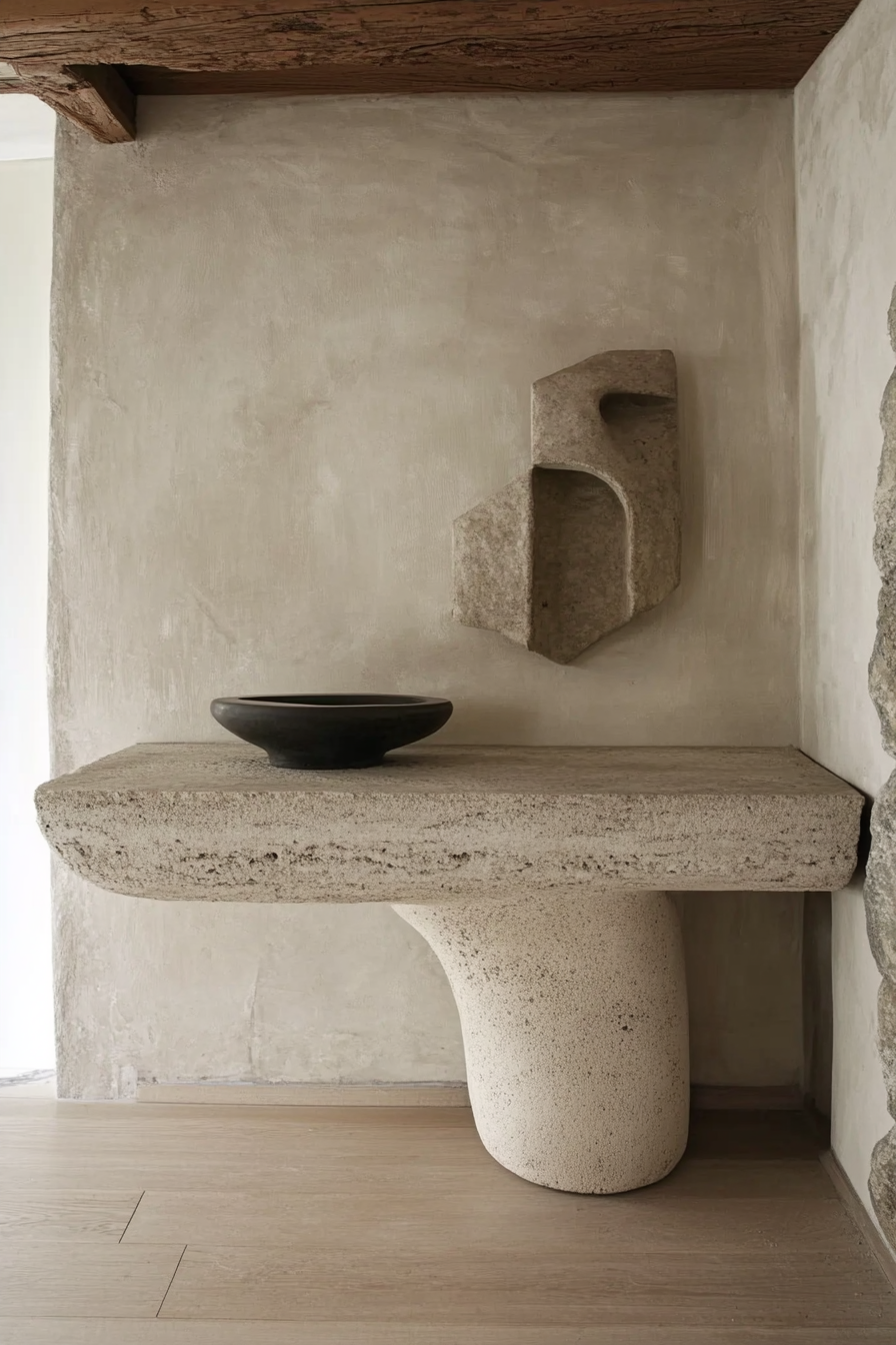 Brutalist-Art Deco entryway. Cast concrete console table with rounded corners.